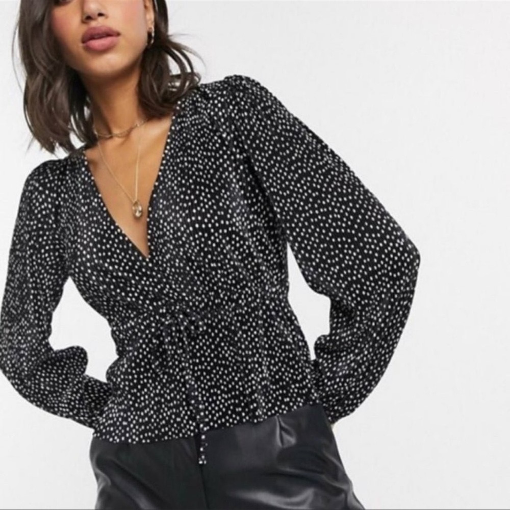 Zara Black & White Polka Dot Pleated Blouse